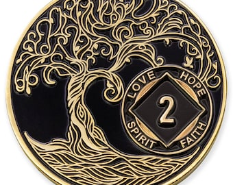2 Year Sobriety Mint Twisted Tree of Life Gold Plated NA Recovery Medallion - Two Year Chip/Coin - Black