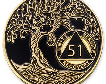 51 Year Sobriety Mint Twisted Tree of Life Gold Plated AA Recovery Medallion - Fifty One Year Chip/Coin - Black