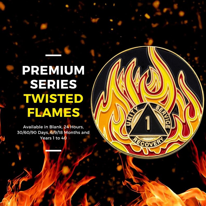 1 Year Sobriety Mint Twisted Flames Gold Plated AA Recovery Medallion/Chip/Coin - Black/Red/Orange/Yellow image 4