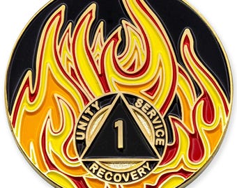 1 to 40 Year Sobriety Mint Twisted Flames Gold Plated AA Recovery Medallion/Chip/Coin - Black/Red/Orange/Yellow