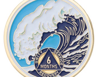6 Months Sobriety Mint Crashing Wave Gold Plated AA Recovery Medallion - Six Month Chip/Coin - Blue/White