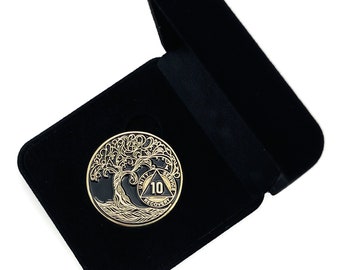 10 Year Sobriety Mint Twisted Tree of Life Gold Plated AA Recovery Medallion - Ten Year Chip/Coin - Black + Velvet Case