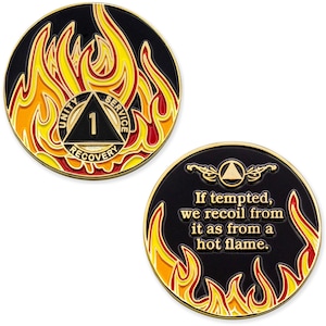 1 Year Sobriety Mint Twisted Flames Gold Plated AA Recovery Medallion/Chip/Coin - Black/Red/Orange/Yellow image 3
