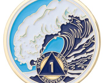 1 Year Sobriety Mint Crashing Wave Gold Plated AA Recovery Medallion - One Year Chip/Coin - Blue/White