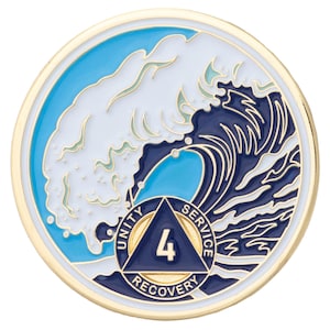 4 Year Sobriety Mint Crashing Wave Gold Plated AA Recovery Medallion - Four Year Chip/Coin - Blue/White