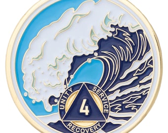 4 Year Sobriety Mint Crashing Wave Gold Plated AA Recovery Medallion - Four Year Chip/Coin - Blue/White