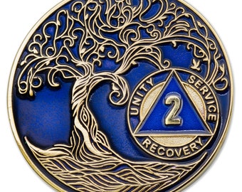 2 Year Sobriety Mint Twisted Tree of Life Gold Plated AA Recovery Medallion - Two Year Chip/Coin - Blue