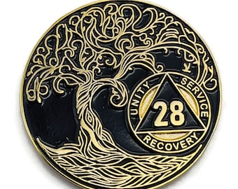 28 Year Sobriety Mint Twisted Tree of Life Gold Plated AA Recovery Medallion - Twenty-Eight Year Chip/Coin - Black