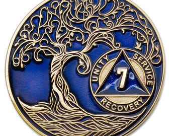 7 Year Sobriety Mint Twisted Tree of Life Gold Plated AA Recovery Medallion - Seven Year Chip/Coin - Blue