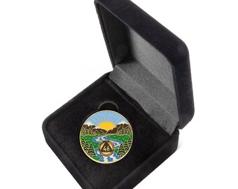 46 Year Sobriety Mint Winding River Gold Plated AA Recovery Medallion - Forty-Six Year Chip/Coin + Velvet Box
