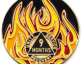 9 Month Sobriety Mint Twisted Flames Gold Plated AA Recovery Medallion - Nine Months Chip/Coin - Black/Red/Orange/Yellow