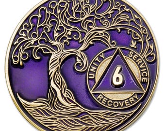 6 Year Sobriety Mint Twisted Tree of Life Gold Plated AA Recovery Medallion - Six Year Chip/Coin - Purple