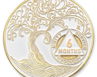 6 Months Sobriety Mint Twisted Tree of Life Gold Plated AA Recovery Medallion - Six Months Chip/Coin - White