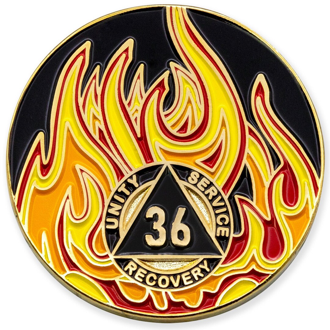 36 Year Sobriety Mint Twisted Flames Gold Plated AA Recovery Medallion ...