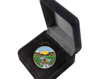 60 Year Sobriety Mint Winding River Gold Plated AA Recovery Medallion - Sixty Year Chip/Coin + Velvet Box