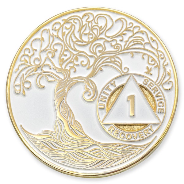 1 to 30 Year Sobriety Mint Twisted Tree of Life Gold Plated AA Recovery Medallion/Chip/Coin - White