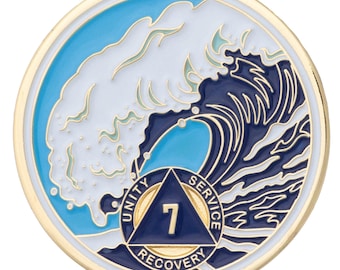 7 Year Sobriety Mint Crashing Wave Gold Plated AA Recovery Medallion - Seven Year Chip/Coin - Blue/White