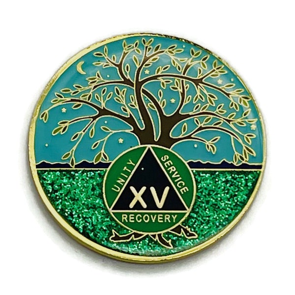 15 Year Tree of Life Specialty AA Recovery Medallion - Tri-Plated Fifteen Year Chip/Coin