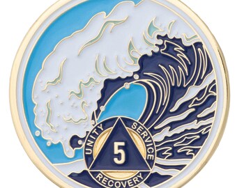 5 Year Sobriety Mint Crashing Wave Gold Plated AA Recovery Medallion - Five Year Chip/Coin - Blue/White