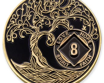 8 Year Sobriety Mint Twisted Tree of Life Gold Plated NA Recovery Medallion - Eight Year Chip/Coin - Black