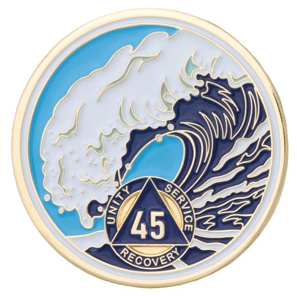 45 Year Sobriety Mint Crashing Wave Gold Plated AA Recovery Medallion - Forty Five Chip/Coin - Blue/White