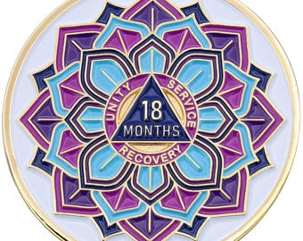 18 Month Sobriety Mint 'In Bloom' Lotus Flower Gold Plated AA Recovery Medallion - Eighteen Months Chip/Coin - White