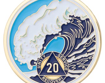 20 Year Sobriety Mint Crashing Wave Gold Plated AA Recovery Medallion - Twenty Year Chip/Coin - Blue/White