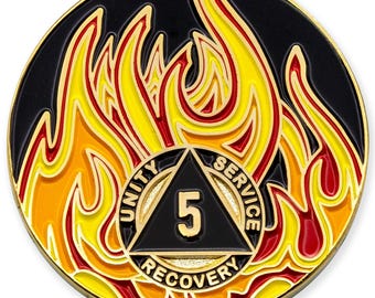 5 Year Sobriety Mint Twisted Flames Gold Plated AA Recovery Medallion/Chip/Coin - Black/Red/Orange/Yellow
