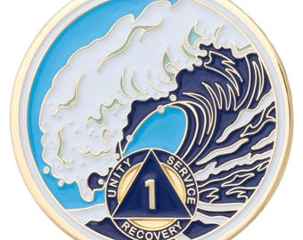 1 to 50 Year Sobriety Mint Crashing Wave Gold Plated AA Recovery Medallion/Chip/Coin - Blue/White