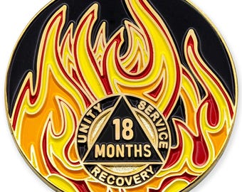 18 Month Sobriety Mint Twisted Flames Gold Plated AA Recovery Medallion - Eighteen Months Chip/Coin - Black/Red/Orange/Yellow