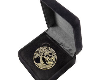 30 Days Sobriety Mint Twisted Tree of Life Gold Plated AA Recovery Medallion - 1 Month Chip/Coin - Black + Velvet Case