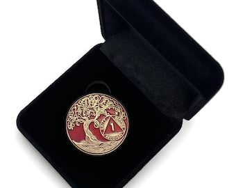1 to 30 Year Sobriety Mint Twisted Tree of Life Gold Plated AA Recovery Medallion/Chip/Coin - Red + Velvet Box