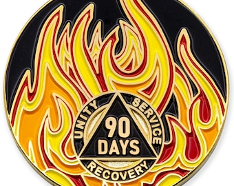90 Days Sobriety Mint Twisted Flames Gold Plated AA Recovery Medallion - 3 Months Chip/Coin - Black/Red/Orange/Yellow