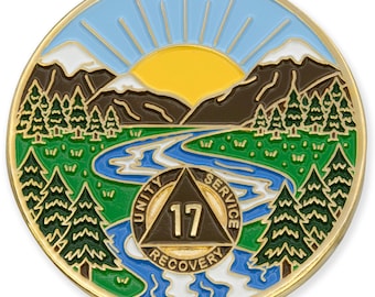 17 Year Sobriety Mint Winding River Gold Plated AA Recovery Medallion - Seventeen Year Chip/Coin