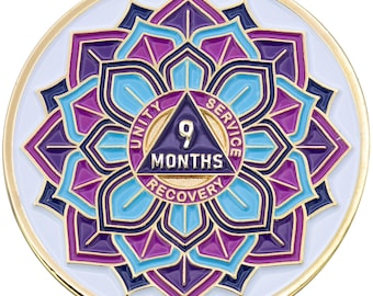 9 Month Sobriety Mint 'In Bloom' Lotus Flower Gold Plated AA Recovery Medallion - Nine Months Chip/Coin - White