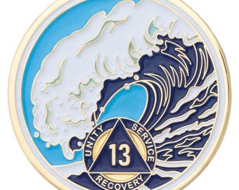 13 Year Sobriety Mint Crashing Wave Gold Plated AA Recovery Medallion - Thirteen Year Chip/Coin - Blue/White