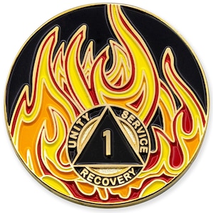 1 Year Sobriety Mint Twisted Flames Gold Plated AA Recovery Medallion/Chip/Coin - Black/Red/Orange/Yellow image 1