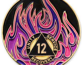 12 Year Sobriety Mint Twisted Flames Gold Plated AA Recovery Medallion - Twelve Year Chip/Coin - Black/Pink/Purple/Blue