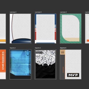 Modelos de cards colecionáveis – Molduras PSD editáveis – Designs de cards esportivos imprimíveis para Photoshop – Modelos de cards colecionáveis com tema de eSports de lacrosse