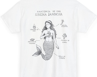 人魚Tシャツ、人魚の解剖図、海好きのためのTシャツ、メキシコのフォークTシャツ、沿岸グラフィックTシャツ