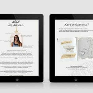Puede incluir: Dos tabletas negras que muestran páginas digitales con texto en español e imágenes. La pantalla izquierda muestra un retrato con texto, mientras que la derecha muestra una página titulada ¿Que es un diario visual? con un boceto de una persona.
