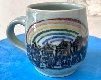 Cat Buddies San Francisco Rainbow celadon porcelain mug handmade wheel-thrown (capacity: 15oz)