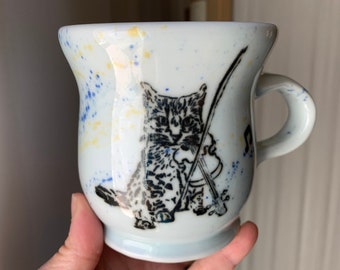 Violin Cat Cello/Bass Cat porcelain mug handmade wheel-thrown (capacity: 12oz) orchestra music