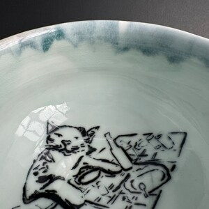 Cat Sitting at Dinner Table porcelain bowl handmade wheel-thrown capacity: 25oz green tan glaze image 7