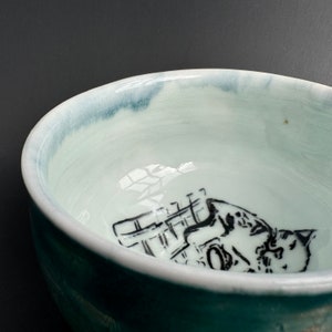 Cat Sitting at Dinner Table porcelain bowl handmade wheel-thrown capacity: 25oz green tan glaze image 8