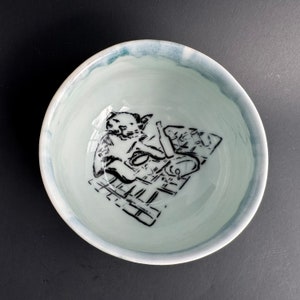 Cat Sitting at Dinner Table porcelain bowl handmade wheel-thrown capacity: 25oz green tan glaze image 4