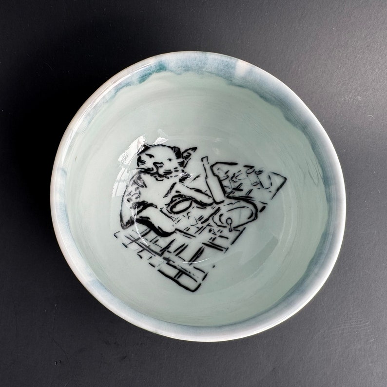 Cat Sitting at Dinner Table porcelain bowl handmade wheel-thrown capacity: 25oz green tan glaze image 4