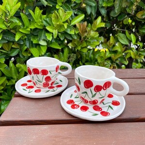 Ceramic Mug + Plate Set | Handmade Ceramic Cherry Espresso Cup Set | Handmade Ceramic Cherry Cup Set
