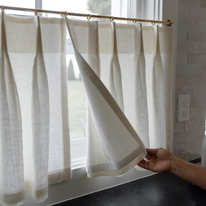 Lined Top Pinch Pleat White Cafe Curtains & Drapes in Solid Linen | Curtain for Kitchen | Custom Pleated Cafe Curtains | Linen Curtains