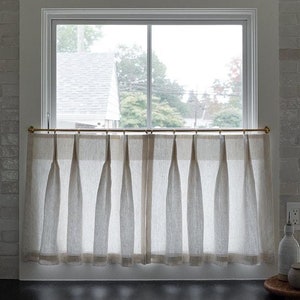 Lined Top Pinch Pleat Cafe Curtains in Ticking Stripe Linen  | Cafe Curtain | Linen Curtains | Striped Cafe Curtains | Cafe Curtain Panel